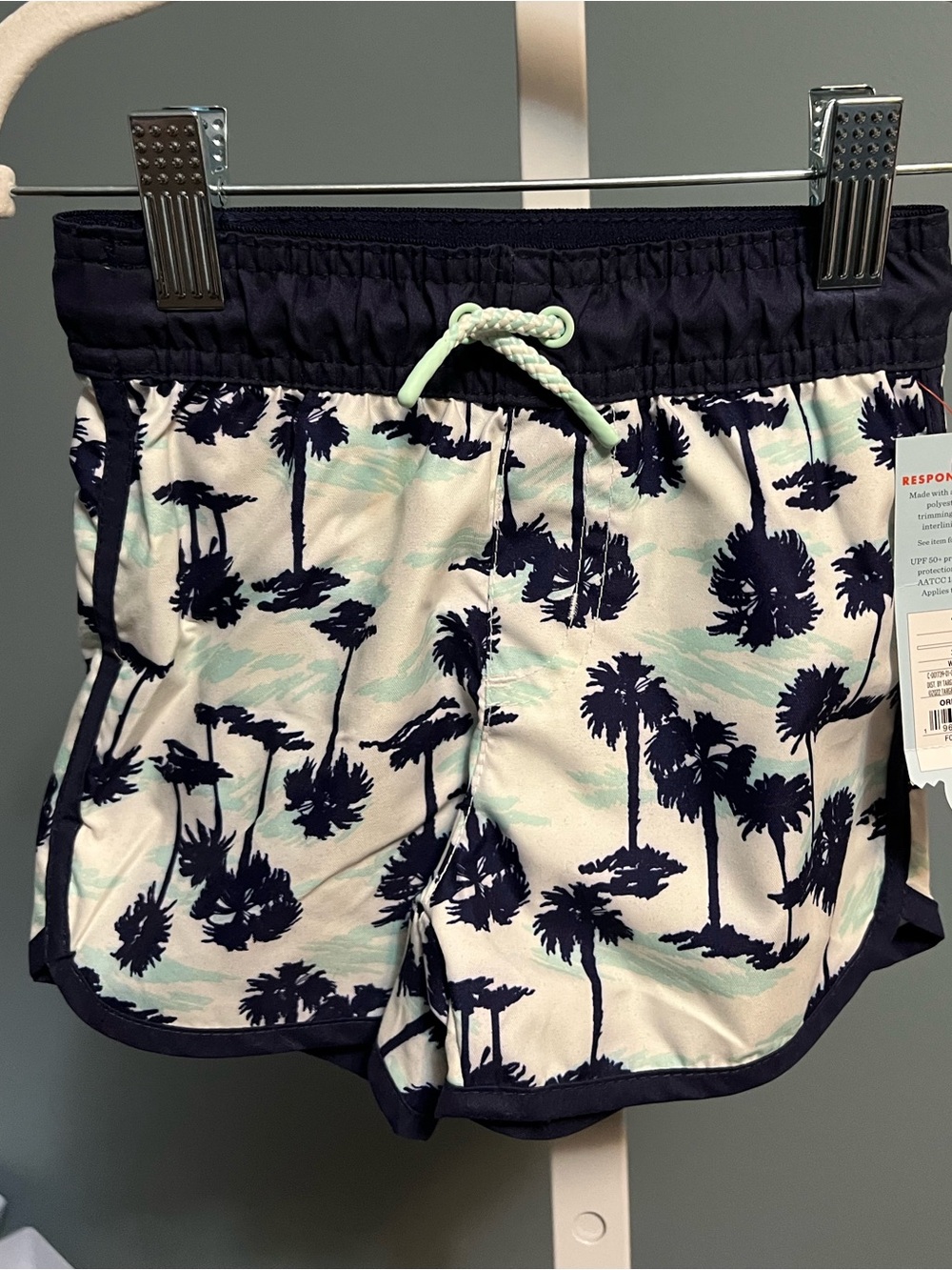 Cat & Jack Navy Palm Tree Aqua and White Swim Trunks with Drawstring NWT